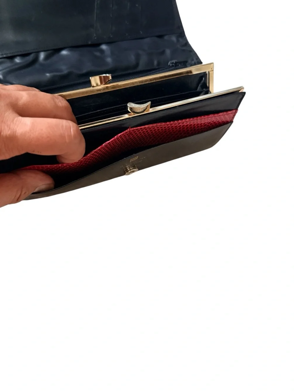 Vintage GIVENCHY PARIS Black Leather Long Wallet with Red Lizard Accent